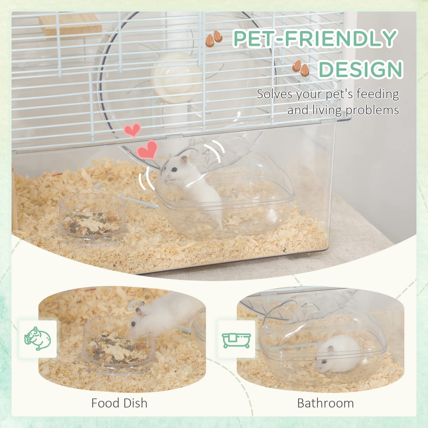 PawHut Hamster Cage, Transparent Small Animal House with Deep Bottom, Wooden Ramp, Hut, Bathroom and Exercise Wheel for Hamster and Gerbil, 23.2" L x 14" W x 18.5" H, Two Huts
