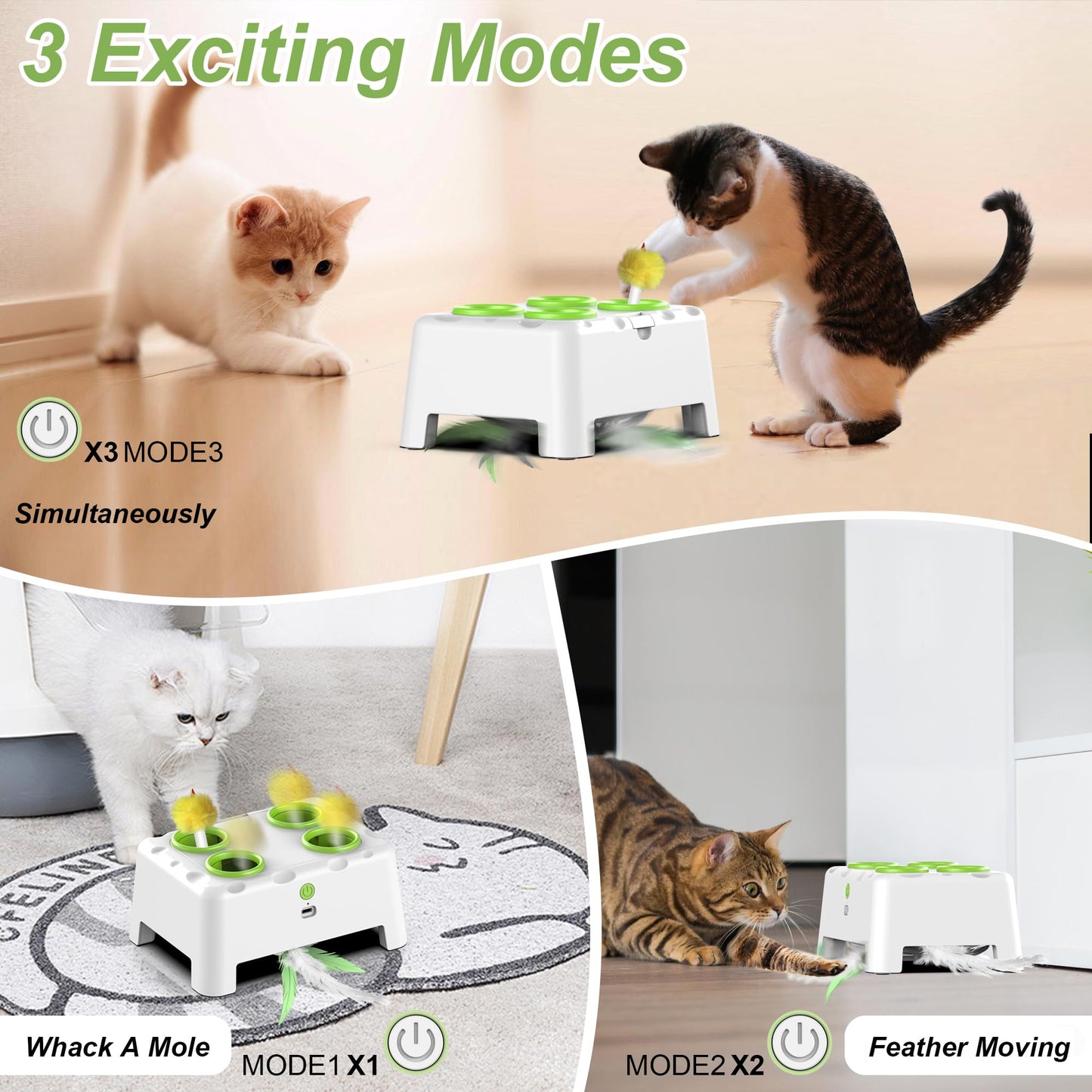 Bolpetizo Interactive Cat Toys, 2-in-1 Automatic Cat Toy, 4 Holes Mice Whack A Mole, Cat Mouse Toy with Chirping Bird Sound, Moving Feather, Portable USB Rechargeable Electronic Kitten Toy White Green