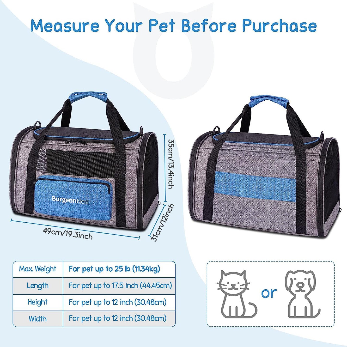 BurgeonNest Dog Carrier for Small Dogs and Large Cats Under 20 lbs, Medium Cats 25 lbs, and with Unique Side Bag,Top Load Pet Carrier Soft-Sided Escape Proof with 4 Ventilated Windows