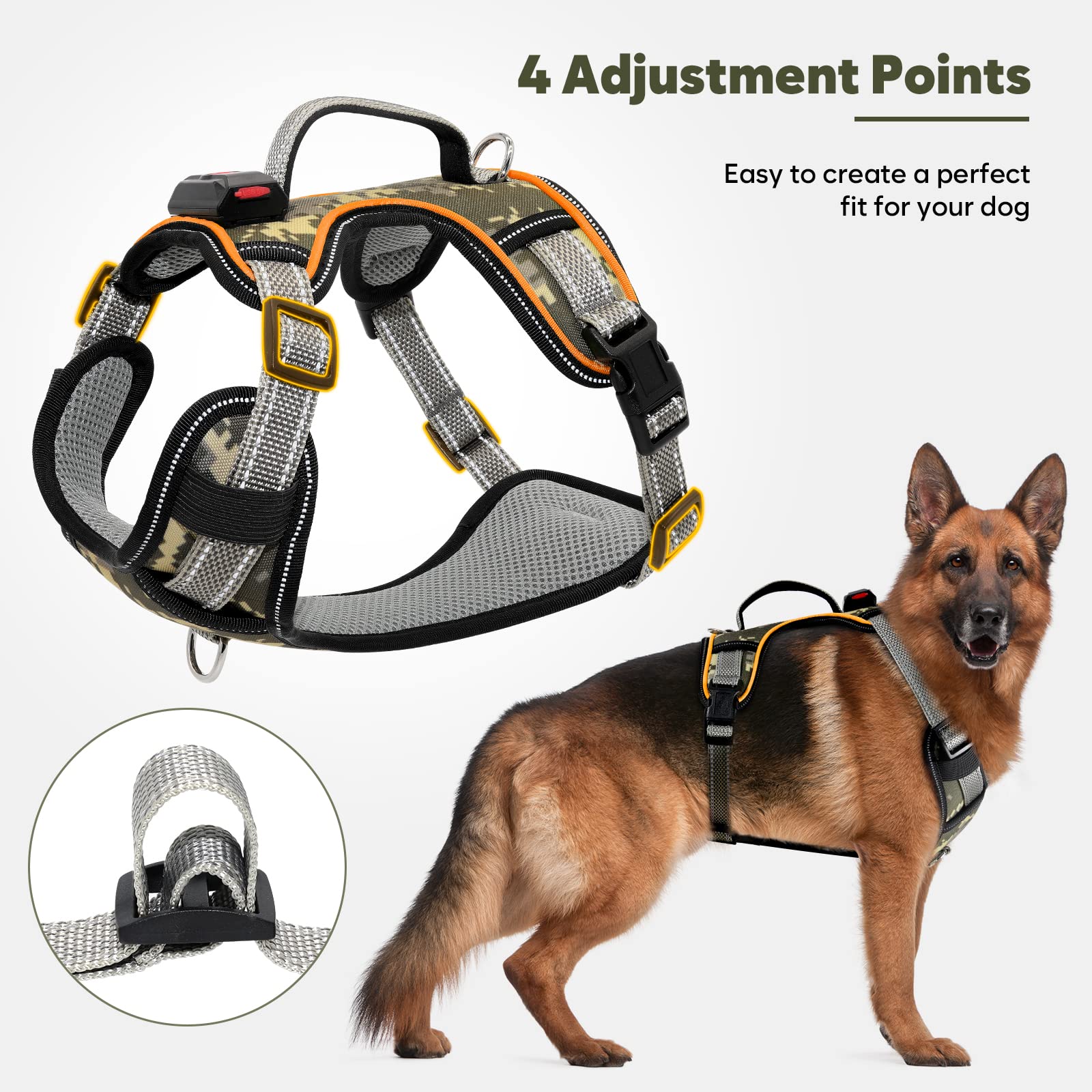 Light Up Dog Harness No Pull, LED Dog Harness with Soft Handle Rechargeable, Lighted Glowing Pet Vest Harness for Large Dogs Night Walking, Reflective/4 Point Adjustable/High Visibility - Orange, L Furr-Reel