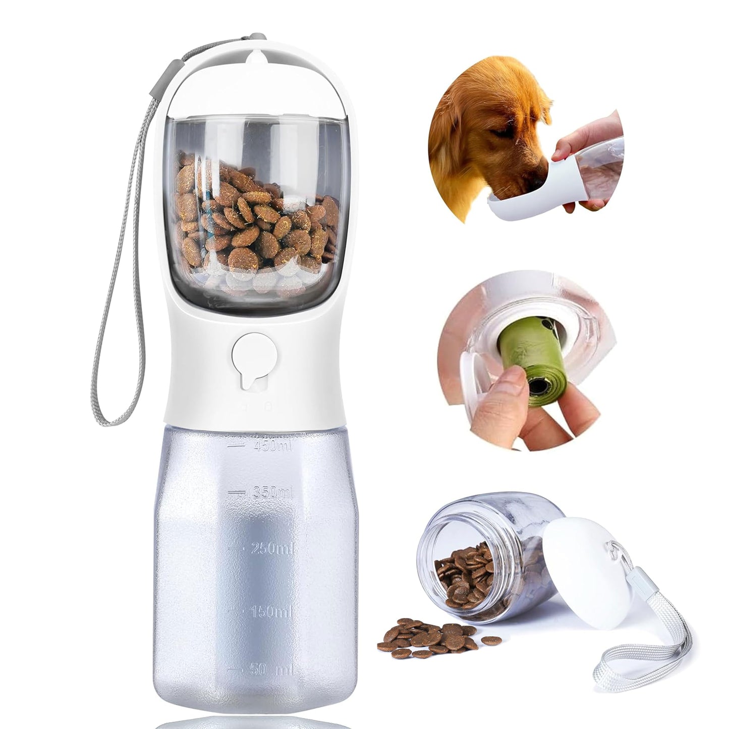 AVELORA Dog Water Bottle with Food Container, Portable Pet Dog Water Dispenser for Outdoor Walking,Hiking,Travel,Puppy Essentials,Puppy Supplies,Replaceable Waste Bags