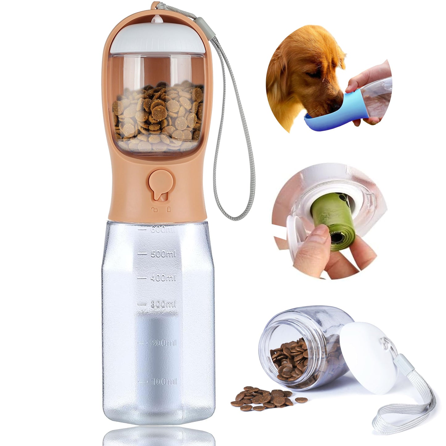 AVELORA Dog Water Bottle with Food Container, Portable Pet Dog Water Dispenser for Outdoor Walking,Hiking,Travel,Puppy Essentials,Puppy Supplies,Replaceable Waste Bags