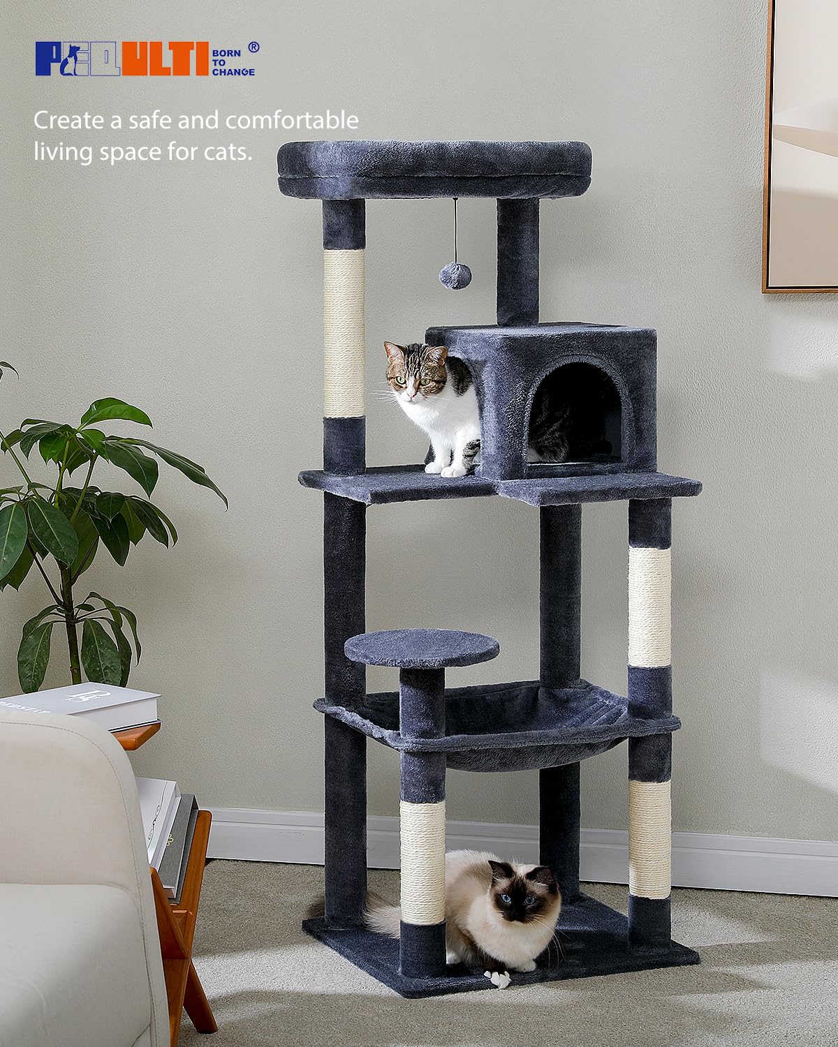 PEQULTI Cat Tree for Large Cats with Super Large Top Perch, [56.3"=143cm] Tower for Indoor Cats with Hammock and Sleeping Bag, Cat Shelves with Scratching Posts and 2 Condos Houses Grey