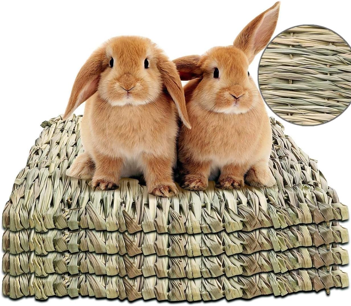 Lot de 4 tapis d'herbe à foin tissée naturelle – Literie pour lapin, doublure de cage comestible, tapis de repos en paille pour cochon d'Inde, rongeur, perroquet, hamster, rat, chinchilla – 30,5 cm