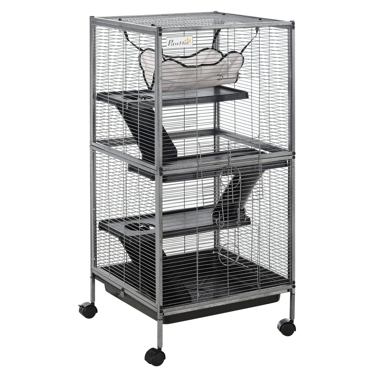 PawHut 4-Tier Rolling Small Animal Cage, Deluxe Guinea Pig Cage, Ferret Cage for Mink Chinchilla Kitten Rabbit, Small Pet Play House with Hammock Platform, Ramp, Removable Tray, Silver Grey