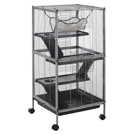 PawHut 4-Tier Rolling Small Animal Cage, Deluxe Guinea Pig Cage, Ferret Cage for Mink Chinchilla Kitten Rabbit, Small Pet Play House with Hammock Platform, Ramp, Removable Tray, Silver Grey