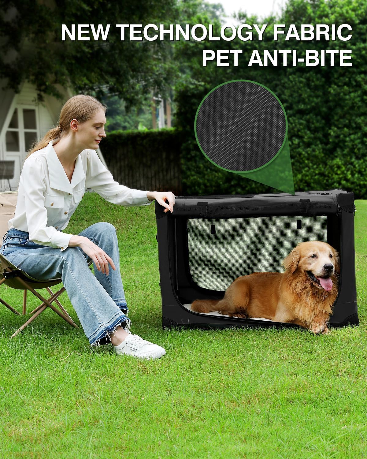 Veraste 30 Inch Collapsible Travel Dog Crate for Medium Large Dogs, Portable Dog Crate 4-Door Foldable Soft Kennel with Chew-Proof Mesh Windows for Indoor & Outdoor, with Storage Bag（Green）