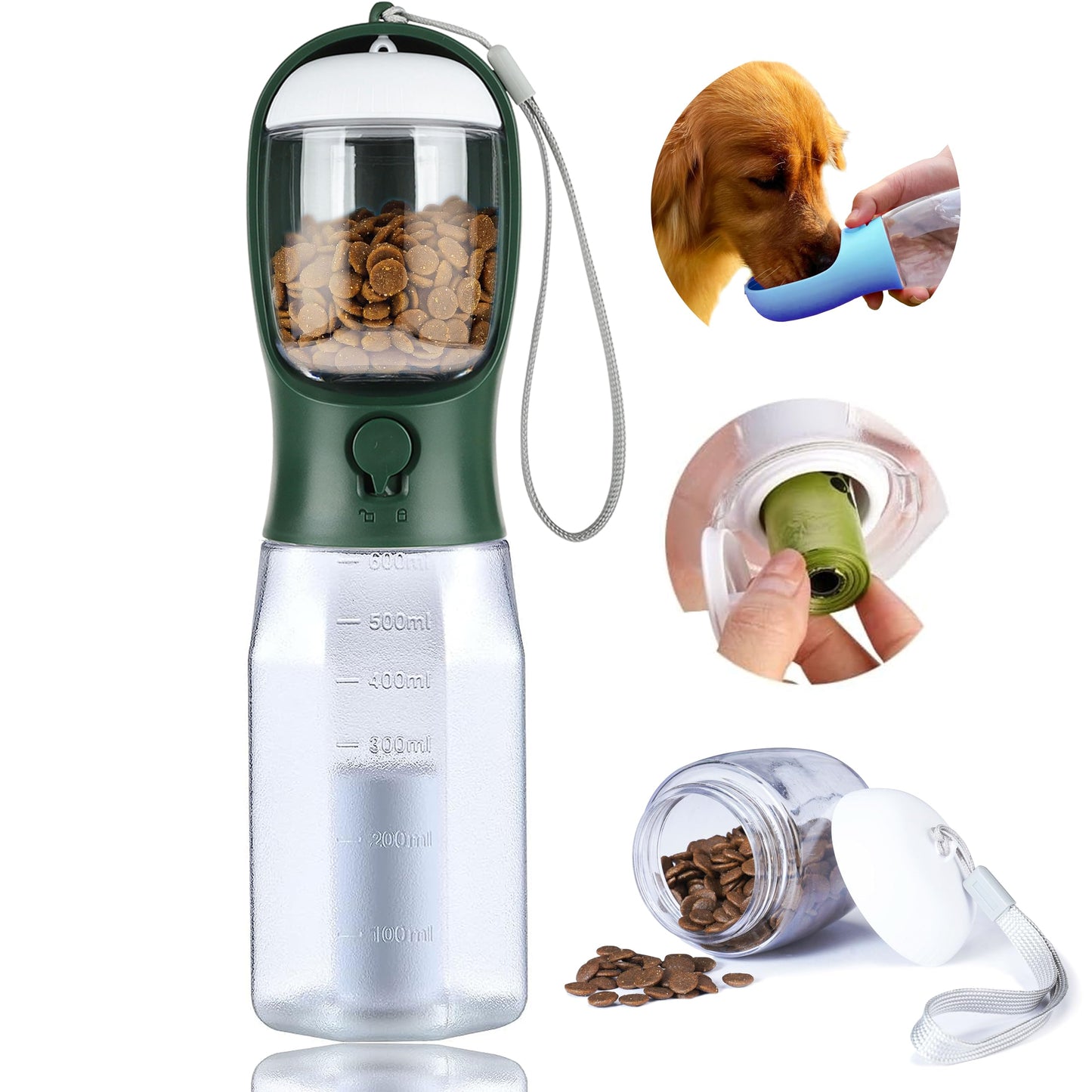 AVELORA Dog Water Bottle with Food Container, Portable Pet Dog Water Dispenser for Outdoor Walking,Hiking,Travel,Puppy Essentials,Puppy Supplies,Replaceable Waste Bags