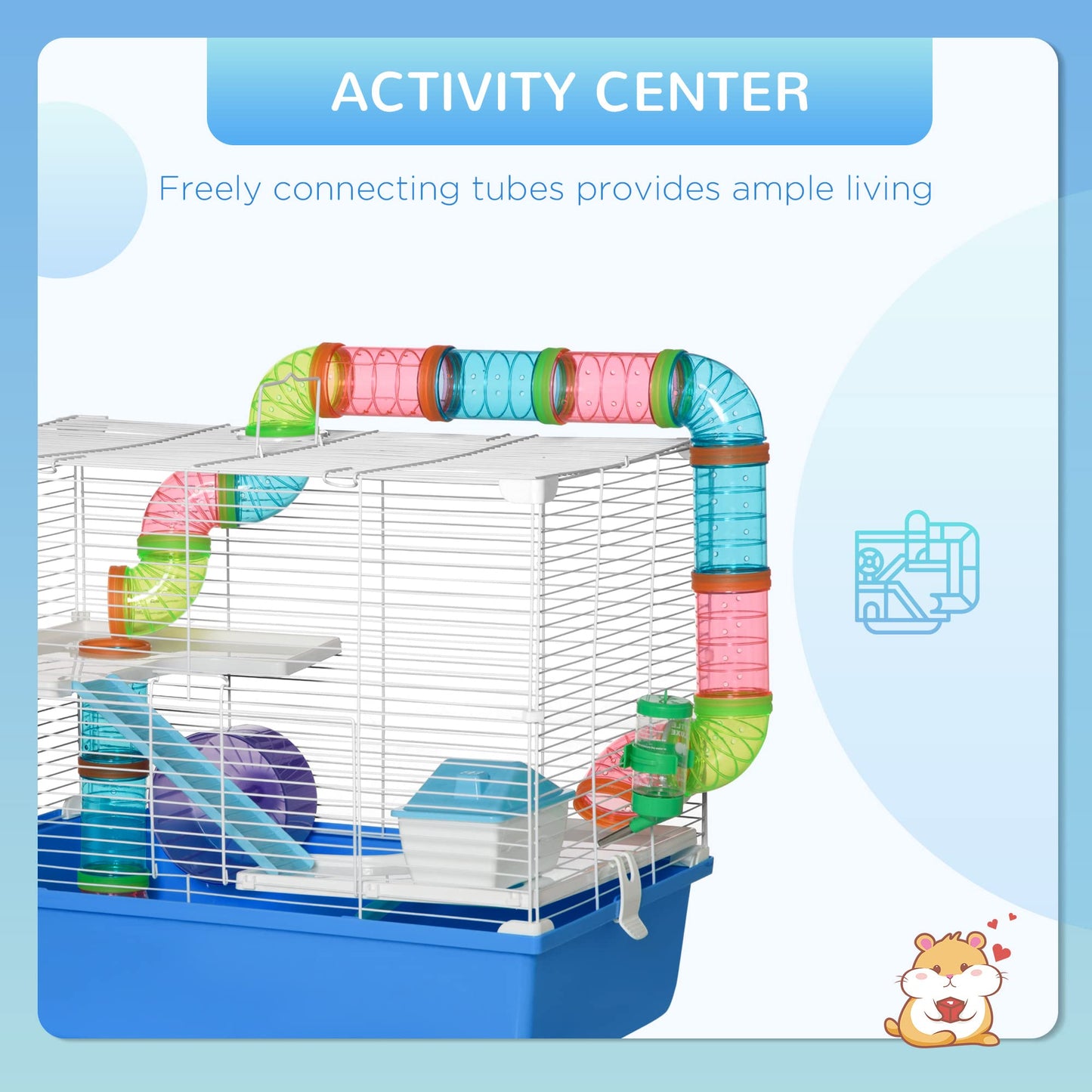 PawHut Hamster Cage, Small Animal House, 3-Level Guinea Pig Cage Gerbil Haven, Tunnel Tube System, with Water Bottle, Exercise Wheel, Food Dish, Ramps, Blue
