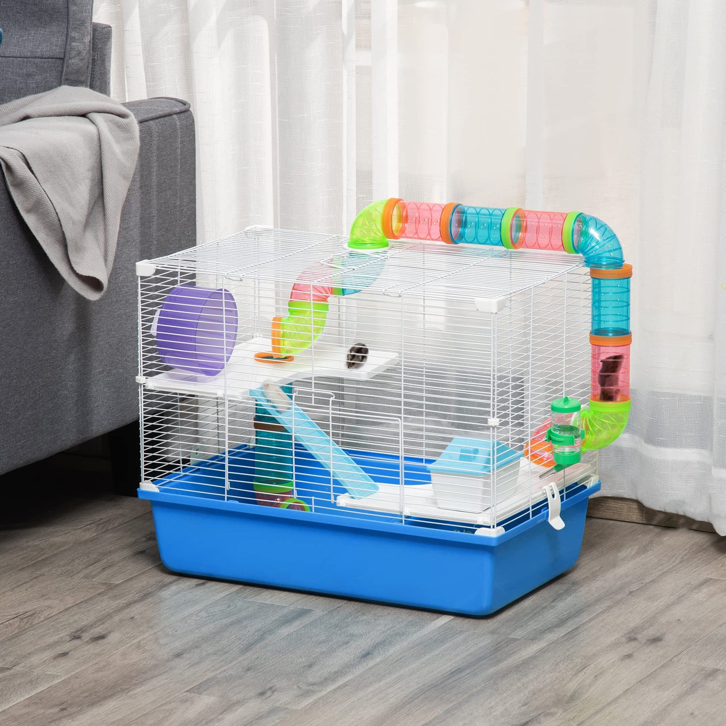 PawHut Hamster Cage, Small Animal House, 3-Level Guinea Pig Cage Gerbil Haven, Tunnel Tube System, with Water Bottle, Exercise Wheel, Food Dish, Ramps, Blue
