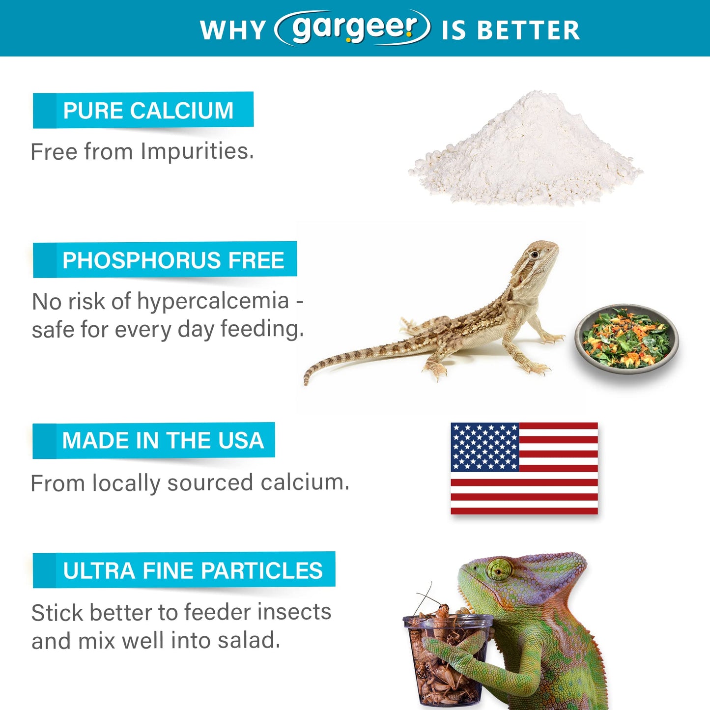 Gargeer 4oz All Reptile Calcium with Vitamin D3, Phosphorus-Free, Ultrafine Powder. Pure dust, Real Fruits Blend Flavored Ready to Use Supplement, for Lizards & Amphibians. Made in The USA. Enjoy !