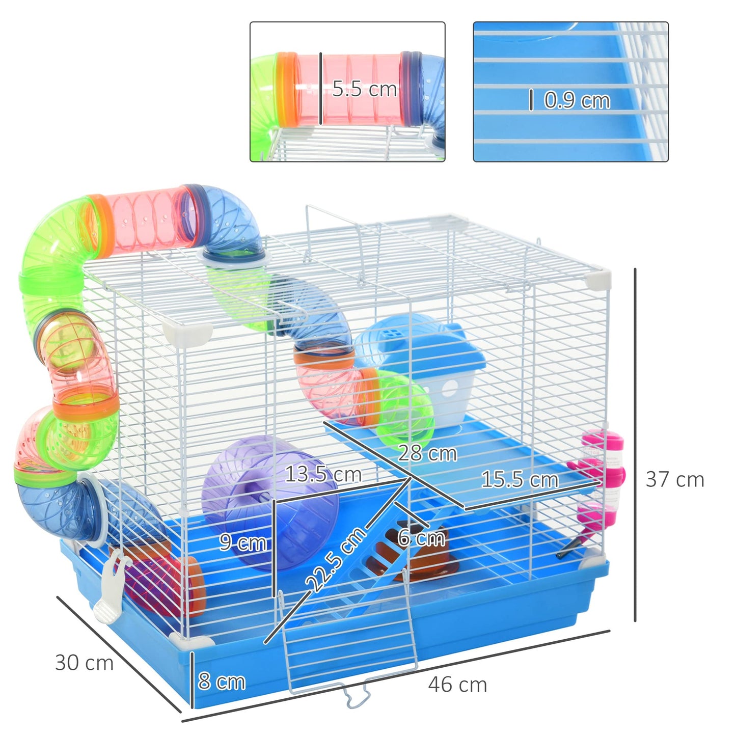 PawHut Hamster Cage, Small Animal House, 3-Level Guinea Pig Cage Gerbil Haven, Tunnel Tube System, with Water Bottle, Exercise Wheel, Food Dish, Ramps, Blue