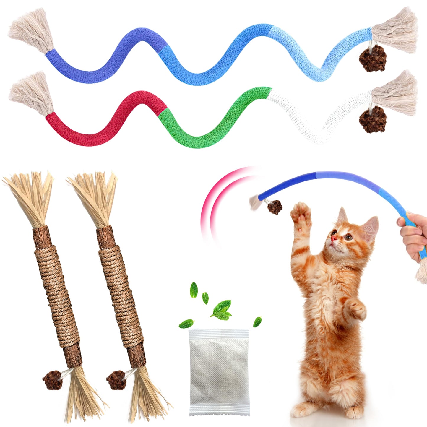 4 Pcs Cat & Kitten Chew Toy, Cat Toys Ropes and Silvervine Chew Sticks with Refillable Natural Catnip Bag for Teeth Cleaning, Safe Interactive Toys for Indoor Cats