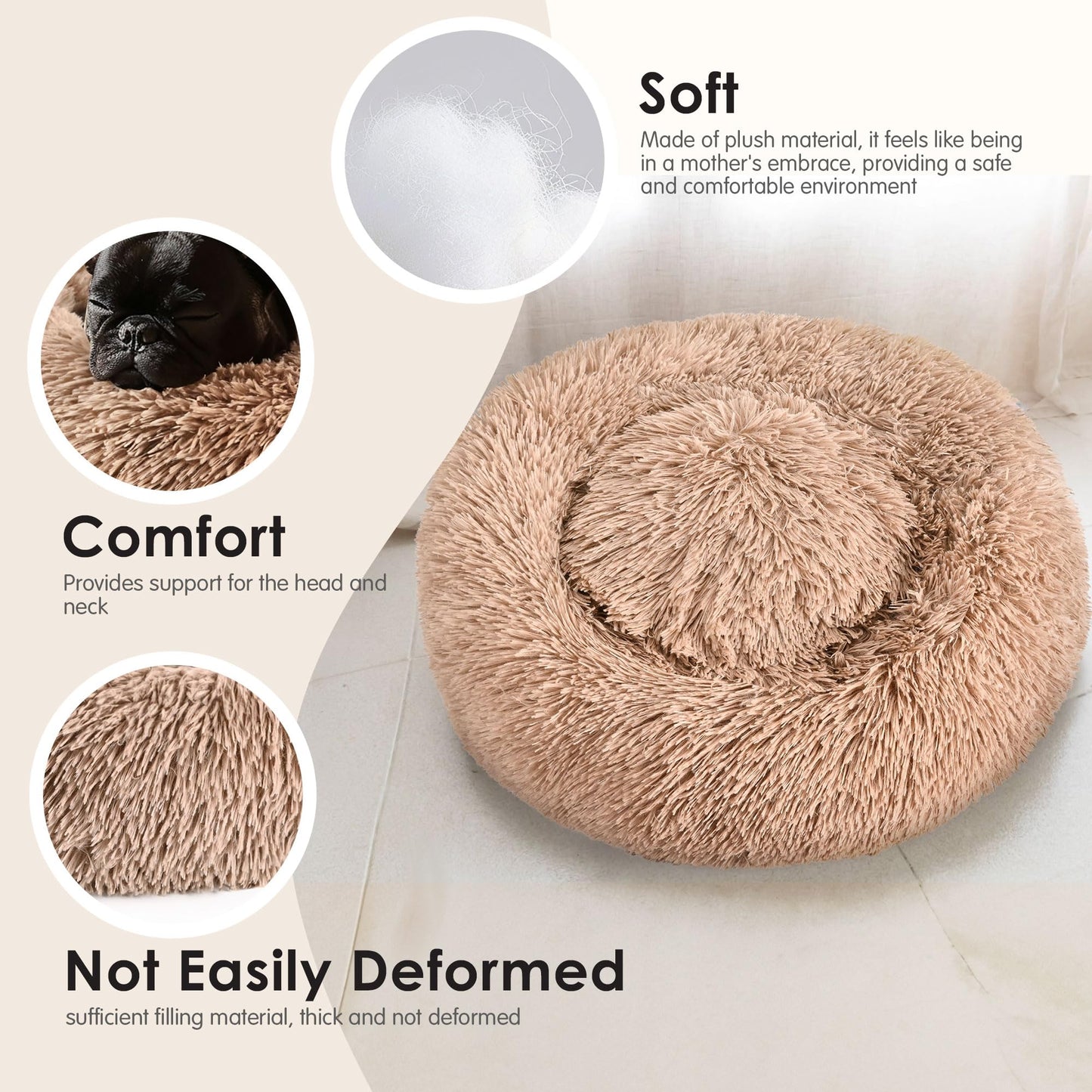Dog & Cat Bed, 20in Cat Beds for Indoor Cats, Calming Donut Bed for Puppy and Kitten, Washable Round Fluffy Pet Bed for Small Medium Dogs and Cats (Light Grey)