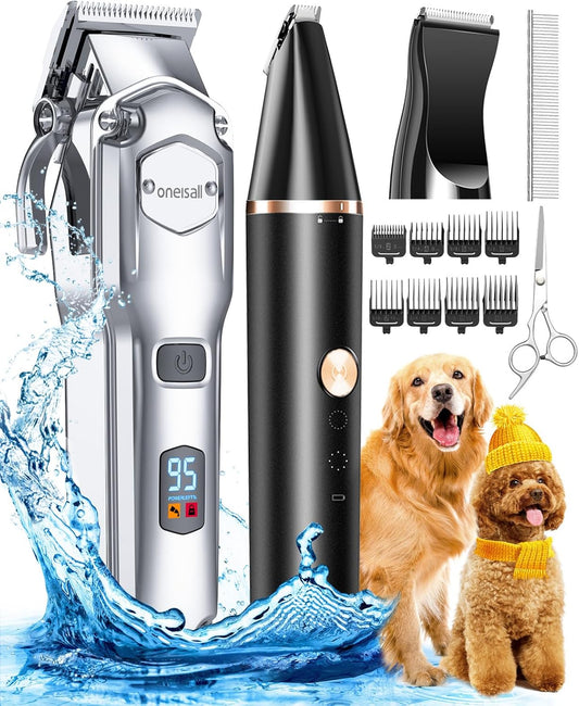 Oneisall Dog Grooming Kit for Heavy Thick Hair & Coats - Low Noise Rechargeable Cordless Pet Shaver With Stainless Steel Blade and Paw Trimmer - Waterproof Shaver for Pets and Animals