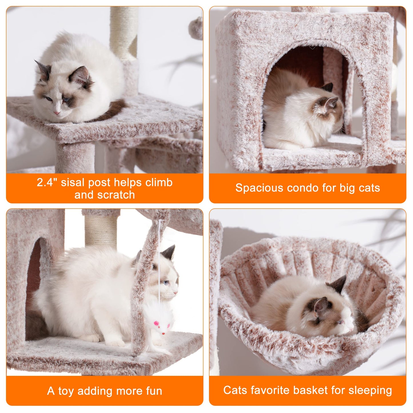 Heybly Cat Tree with Toy, Cat Tower condo for Indoor Cats, Cat House with Padded Plush Perch, Cozy Hammock and Sisal Scratching Posts, Light Gray HCT004SW