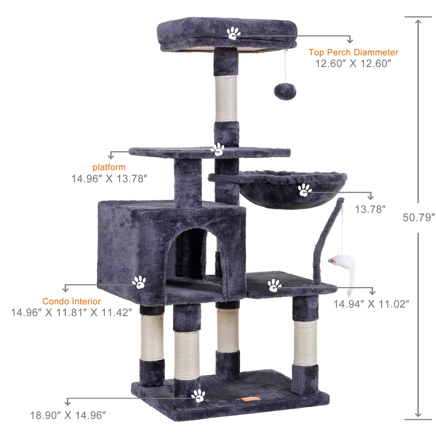 Heybly Cat Tree with Toy, Cat Tower condo for Indoor Cats, Cat House with Padded Plush Perch, Cozy Hammock and Sisal Scratching Posts, Light Gray HCT004SW
