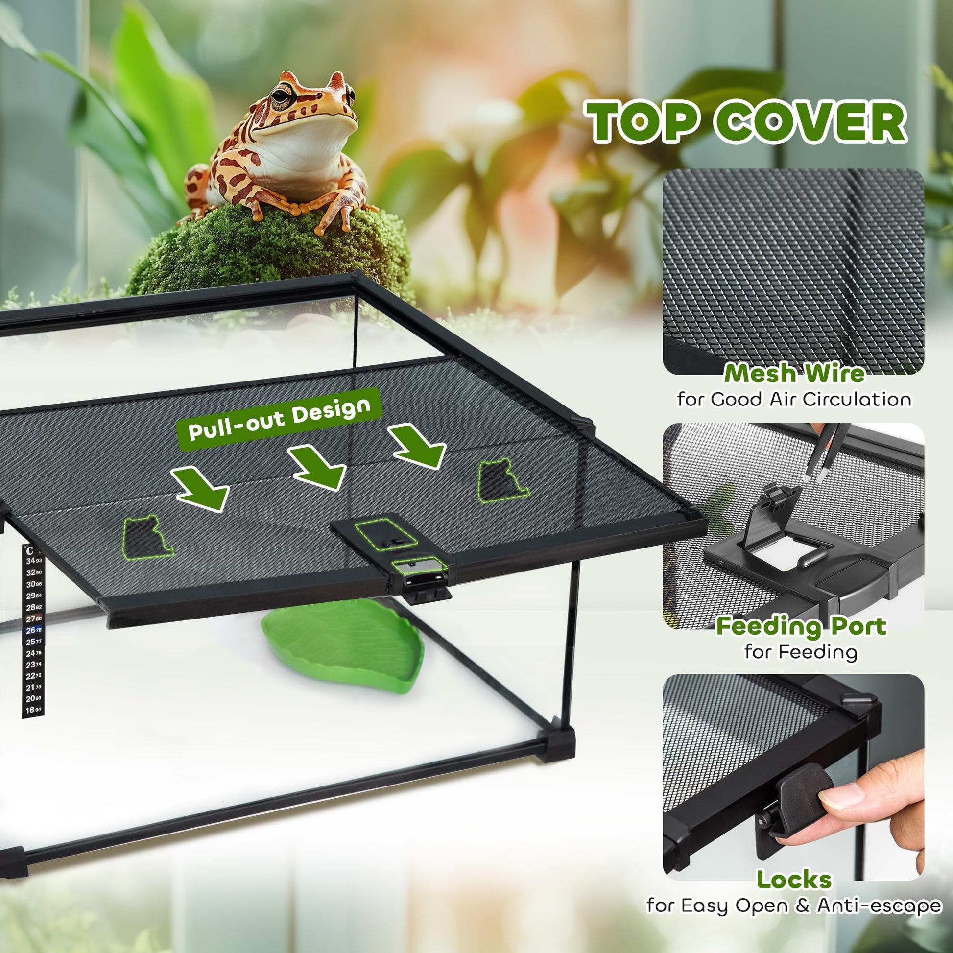 PawHut Glass Reptile Terrarium, 20"x12"x10"Jumping Spider Enclosure with Thermometer, Water Basin, Full View Visually for Lizards, Horned Frogs, Snakes, Spiders - Black - Furr-Reel