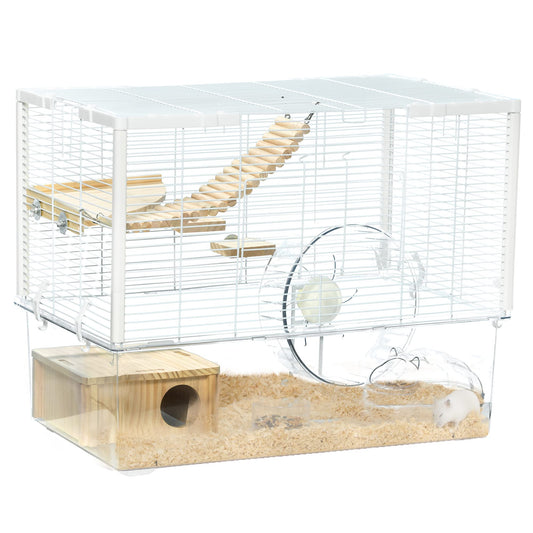 PawHut Hamster Cage, Transparent Small Animal House with Deep Bottom, Wooden Ramp, Hut, Bathroom and Exercise Wheel for Hamster and Gerbil, 23.2" L x 14" W x 18.5" H, Two Huts