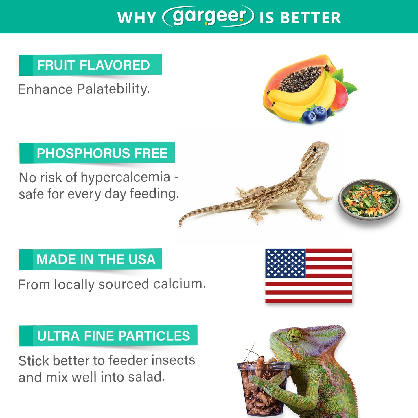 Gargeer 4oz All Reptile Calcium with Vitamin D3, Phosphorus-Free, Ultrafine Powder. Pure dust, Real Fruits Blend Flavored Ready to Use Supplement, for Lizards & Amphibians. Made in The USA. Enjoy !