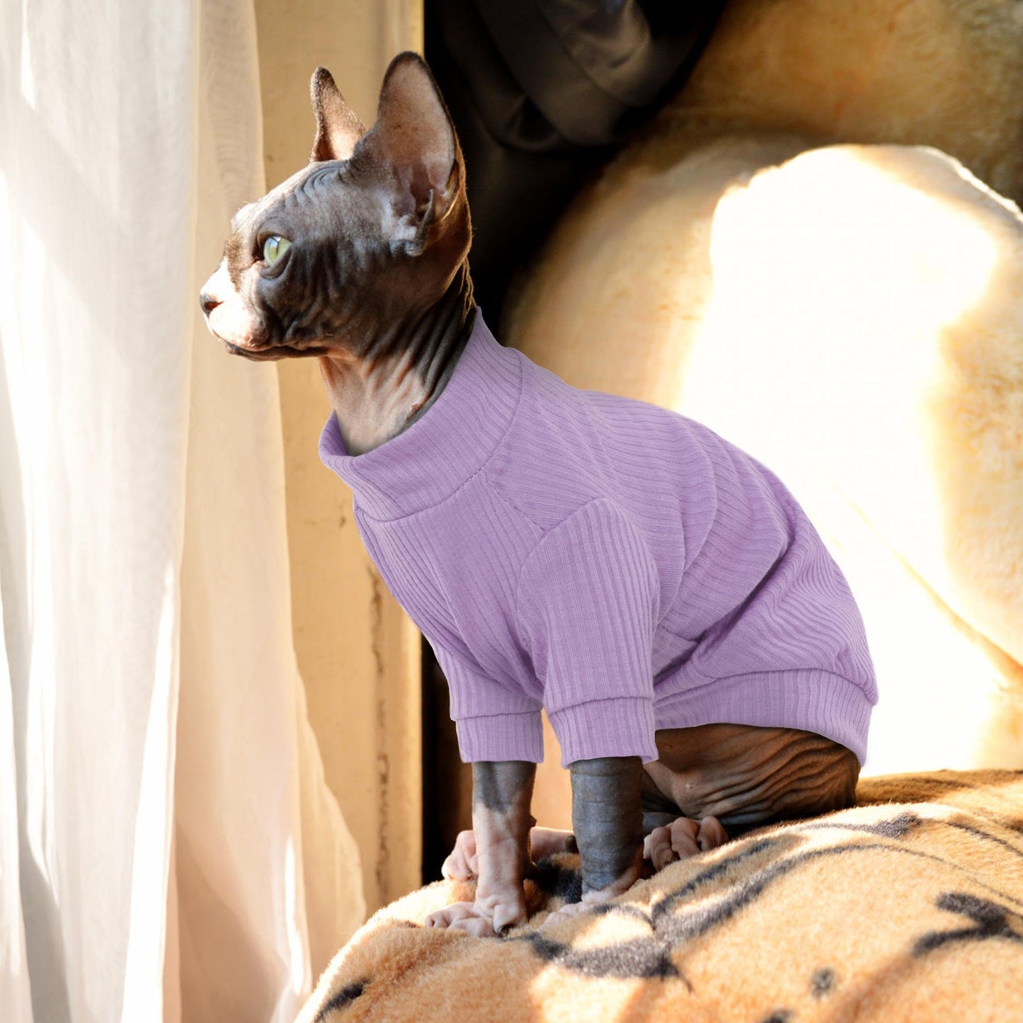 PUMYPOREITY Sphynx Cat Clothes - Soft Hairless Shirt With Sleeves, Stretchy Sweater, Pullover Pajamas Jumpsuit, Turtleneck Outfit for Sphynx Cornish Rex, Devon Rex - Rainbow, XS