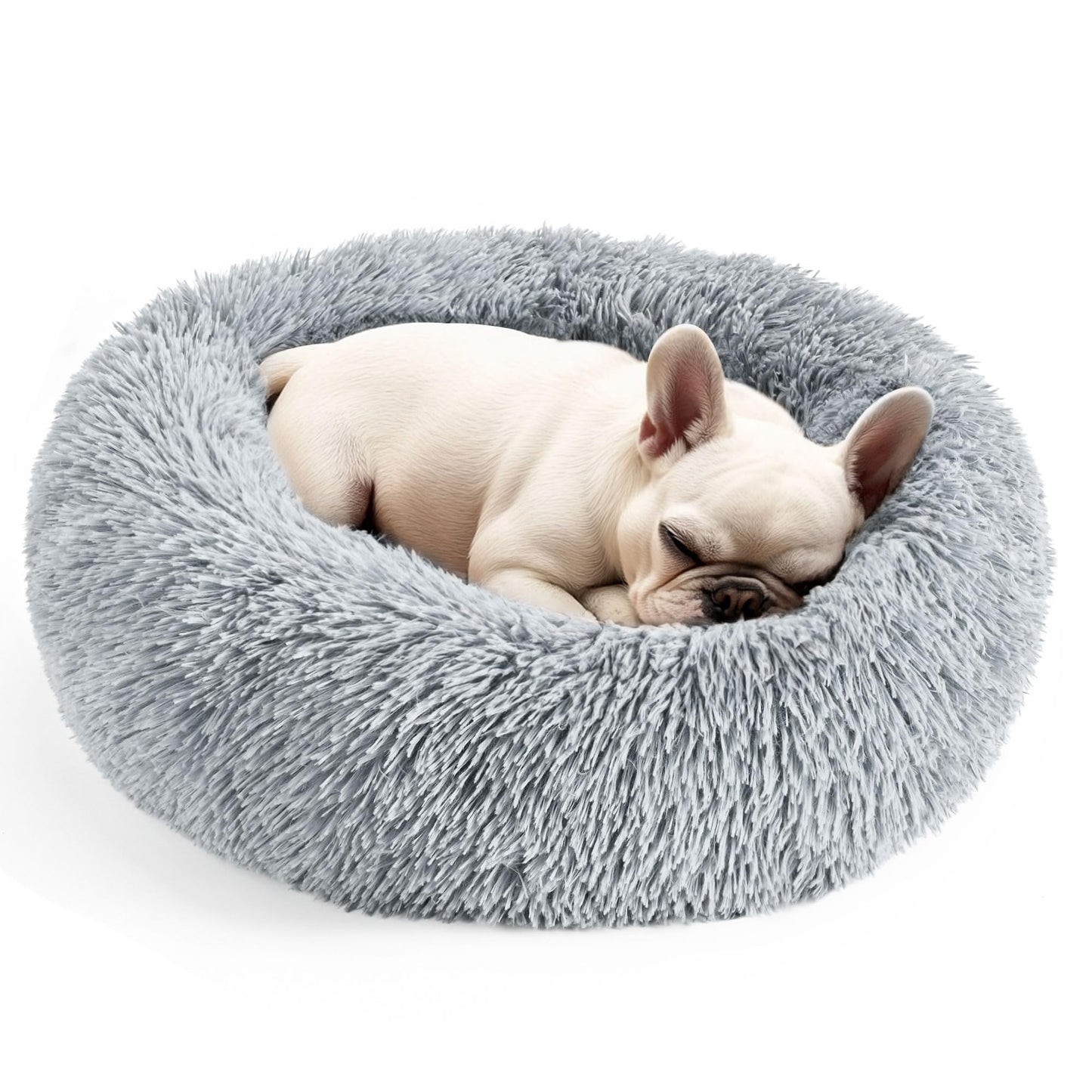 Dog & Cat Bed, 20in Cat Beds for Indoor Cats, Calming Donut Bed for Puppy and Kitten, Washable Round Fluffy Pet Bed for Small Medium Dogs and Cats (Light Grey)