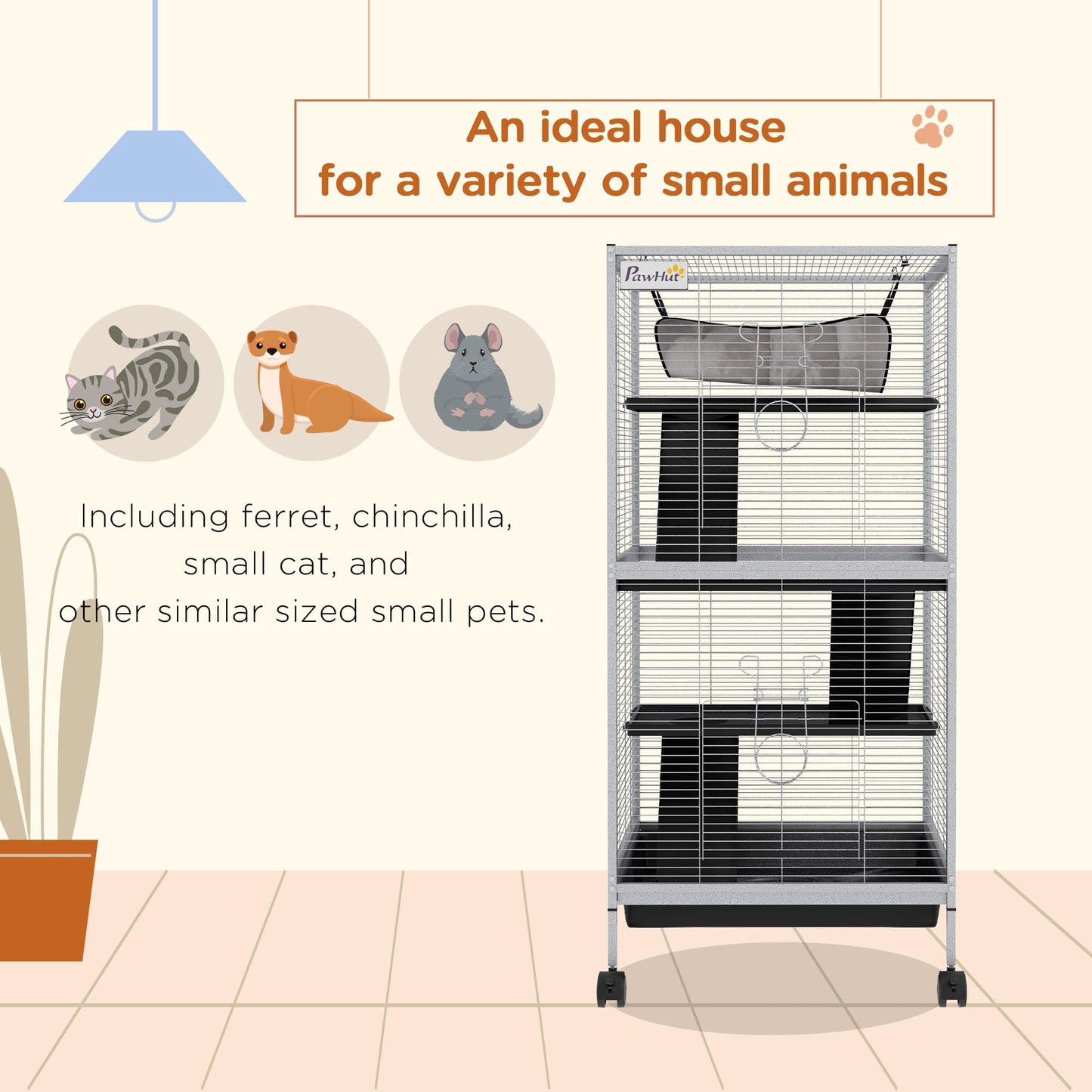 PawHut 4-Tier Rolling Small Animal Cage, Deluxe Guinea Pig Cage, Ferret Cage for Mink Chinchilla Kitten Rabbit, Small Pet Play House with Hammock Platform, Ramp, Removable Tray, Silver Grey