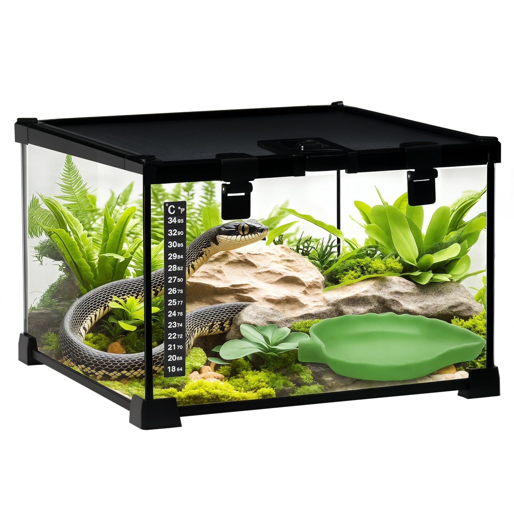 PawHut Glass Reptile Terrarium, 20"x12"x10"Jumping Spider Enclosure with Thermometer, Water Basin, Full View Visually for Lizards, Horned Frogs, Snakes, Spiders - Black - Furr-Reel