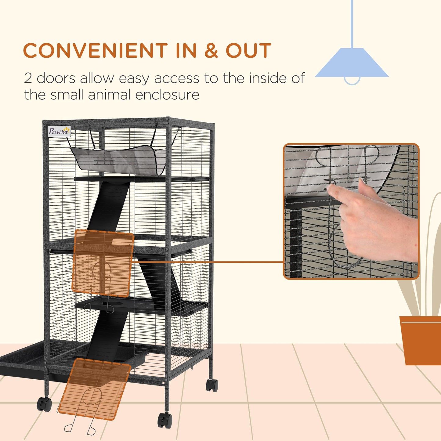 PawHut 4-Tier Rolling Small Animal Cage, Deluxe Guinea Pig Cage, Ferret Cage for Mink Chinchilla Kitten Rabbit, Small Pet Play House with Hammock Platform, Ramp, Removable Tray, Silver Grey