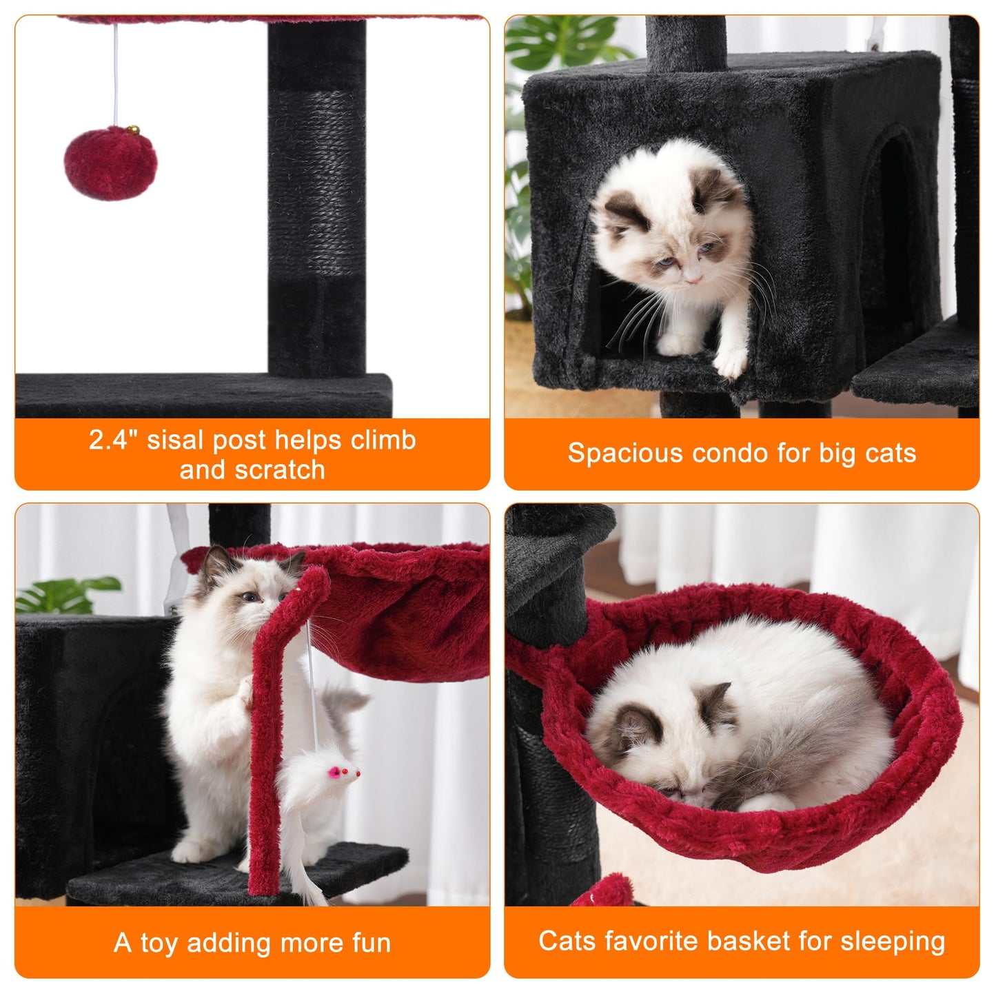 Heybly Cat Tree with Toy, Cat Tower condo for Indoor Cats, Cat House with Padded Plush Perch, Cozy Hammock and Sisal Scratching Posts, Light Gray HCT004SW
