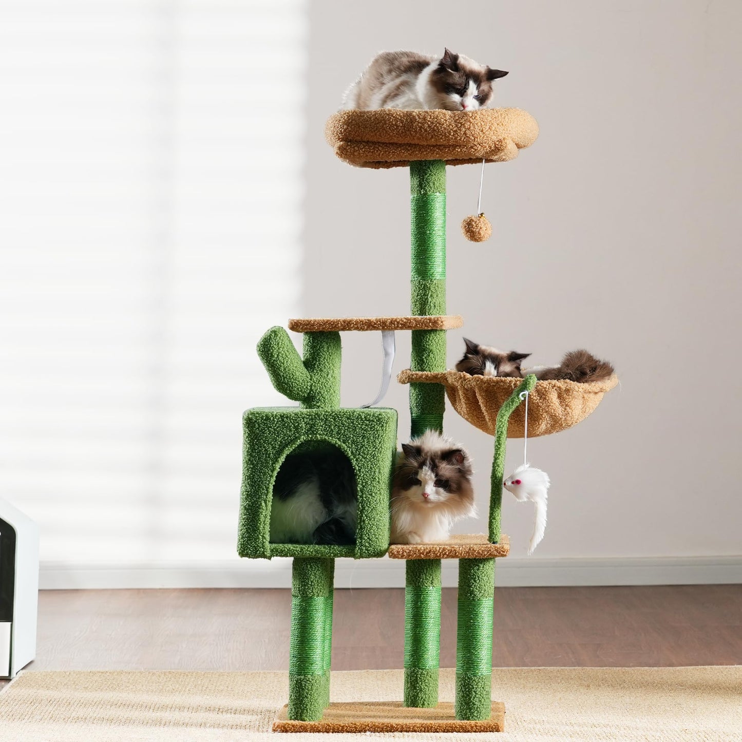Heybly Cat Tree with Toy, Cat Tower condo for Indoor Cats, Cat House with Padded Plush Perch, Cozy Hammock and Sisal Scratching Posts, Light Gray HCT004SW