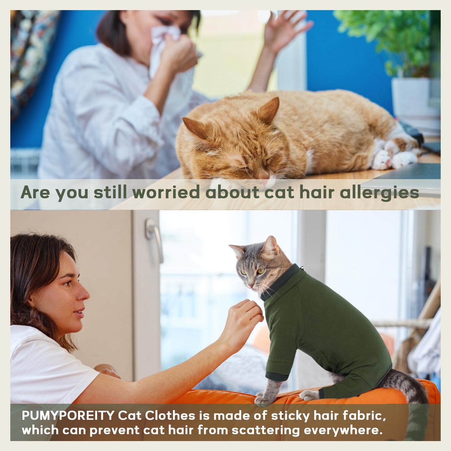 PUMYPOREITY Sticky Cat Clothes - Soft Cat Sweaters & Pajamas for Recovery & Hair Loss Prevention, Green, XS
