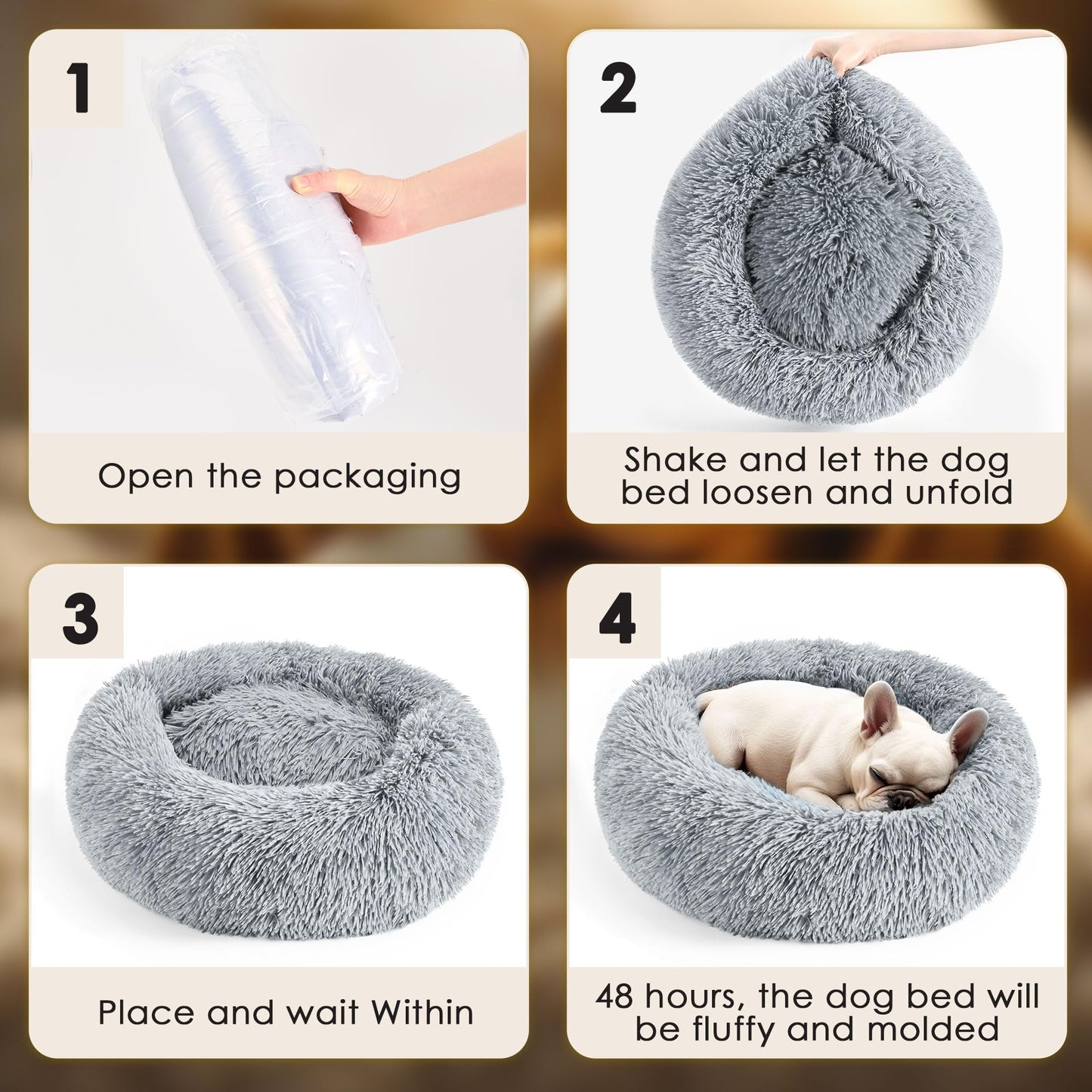 Dog & Cat Bed, 20in Cat Beds for Indoor Cats, Calming Donut Bed for Puppy and Kitten, Washable Round Fluffy Pet Bed for Small Medium Dogs and Cats (Light Grey)