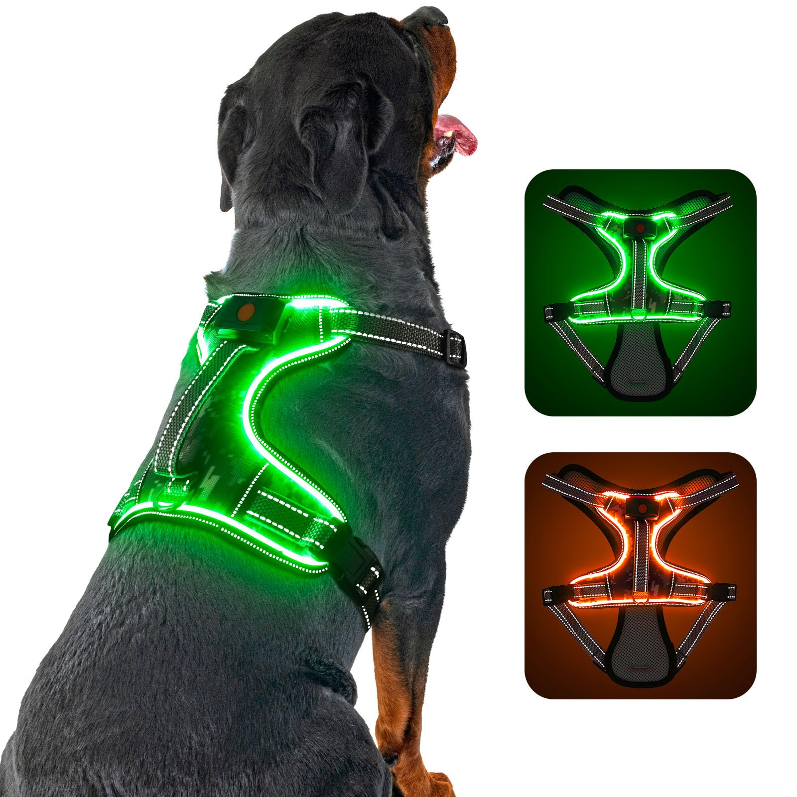 Light Up Dog Harness No Pull, LED Dog Harness with Soft Handle Rechargeable, Lighted Glowing Pet Vest Harness for Large Dogs Night Walking, Reflective/4 Point Adjustable/High Visibility - Orange, L Furr-Reel