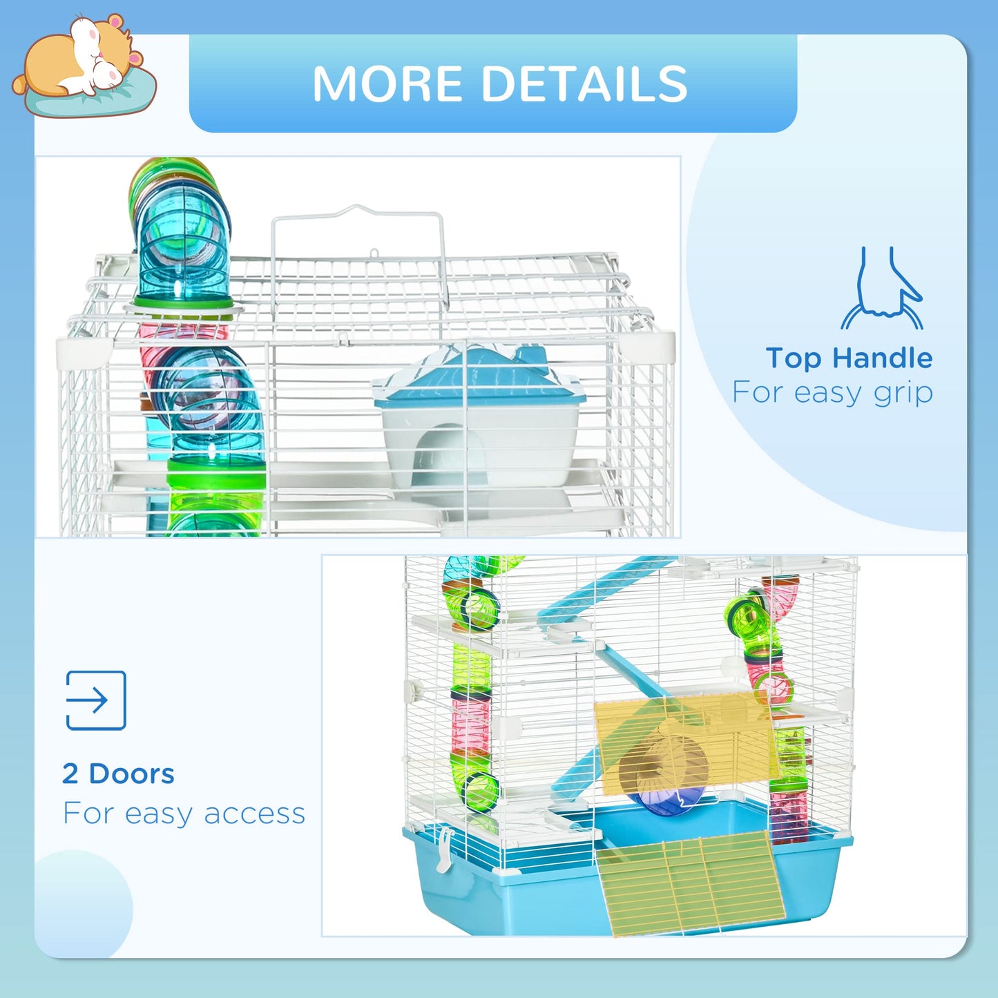 PawHut Hamster Cage, Small Animal House, 3-Level Guinea Pig Cage Gerbil Haven, Tunnel Tube System, with Water Bottle, Exercise Wheel, Food Dish, Ramps, Blue