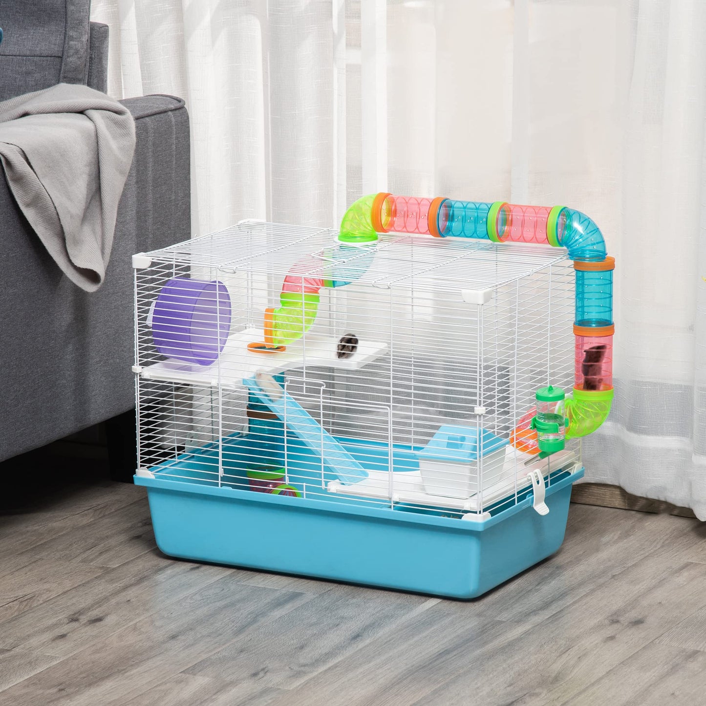PawHut Hamster Cage, Small Animal House, 3-Level Guinea Pig Cage Gerbil Haven, Tunnel Tube System, with Water Bottle, Exercise Wheel, Food Dish, Ramps, Blue