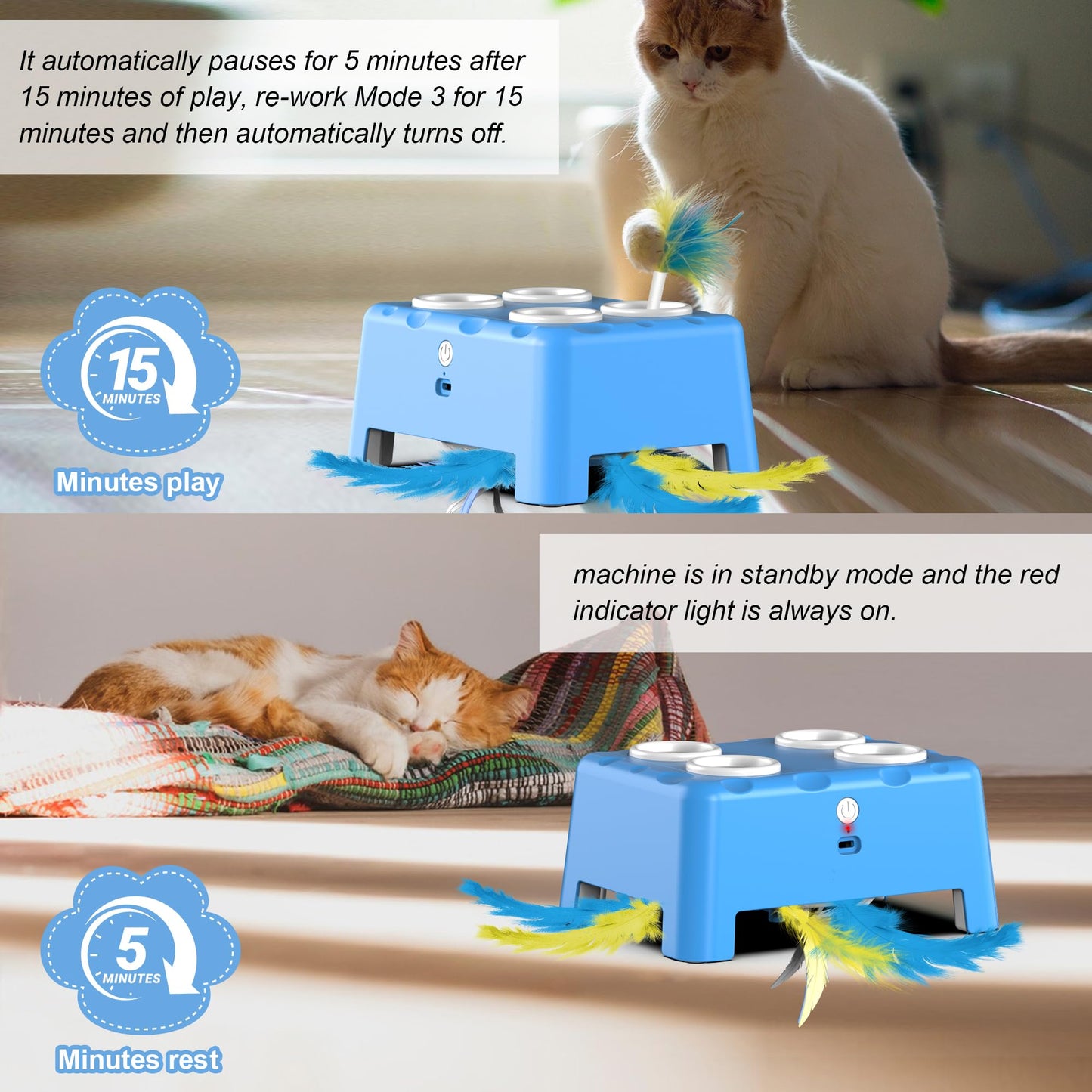 Bolpetizo Interactive Cat Toys, 2-in-1 Automatic Cat Toy, 4 Holes Mice Whack A Mole, Cat Mouse Toy with Chirping Bird Sound, Moving Feather, Portable USB Rechargeable Electronic Kitten Toy White Green