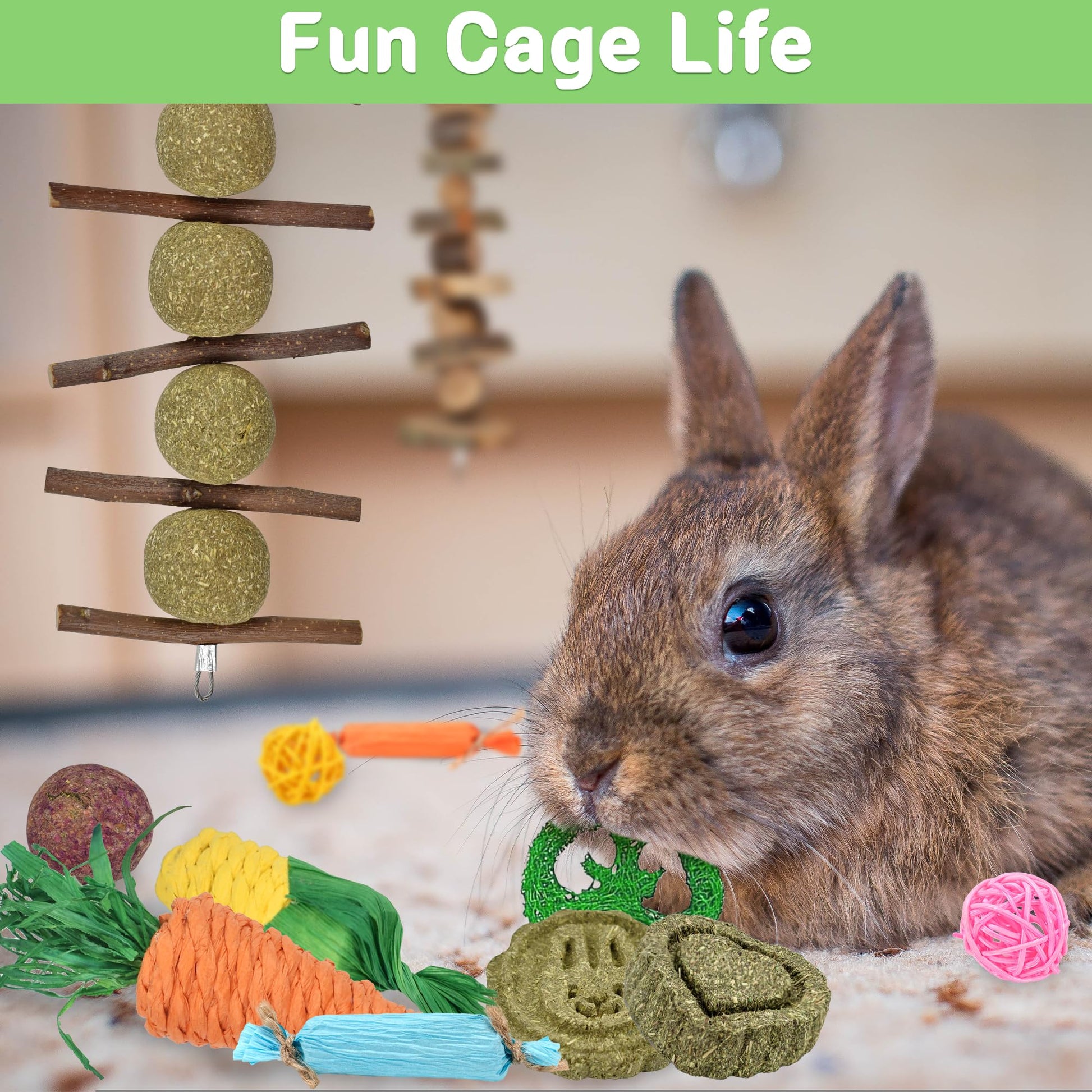 22-Pack Natural Bunny Chew Toys, Boredom Breakers for Rabbit, Hamster, Guinea Pig & Chinchilla, Apple Wood Timothy Hay Sticks for Small Animal Teething Furr-Reel