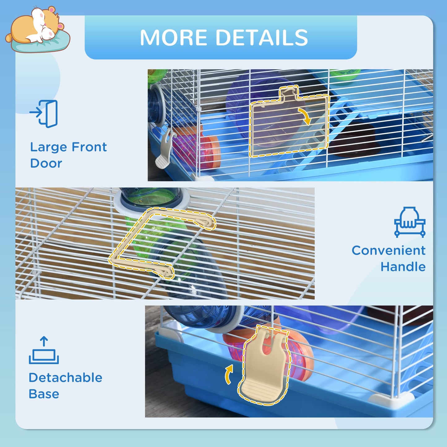 PawHut Hamster Cage, Small Animal House, 3-Level Guinea Pig Cage Gerbil Haven, Tunnel Tube System, with Water Bottle, Exercise Wheel, Food Dish, Ramps, Blue