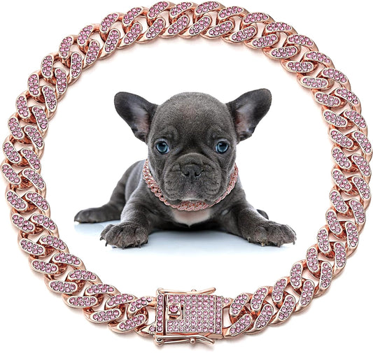 Pimaodog Chain Dog Collar with Bling, Glitter Rhinestone Sparkly Diamond Metal Necklace Cuban Link Cat Collars for Small Medium Large Pet Dogs Puppy (Silver, 16 Inches)