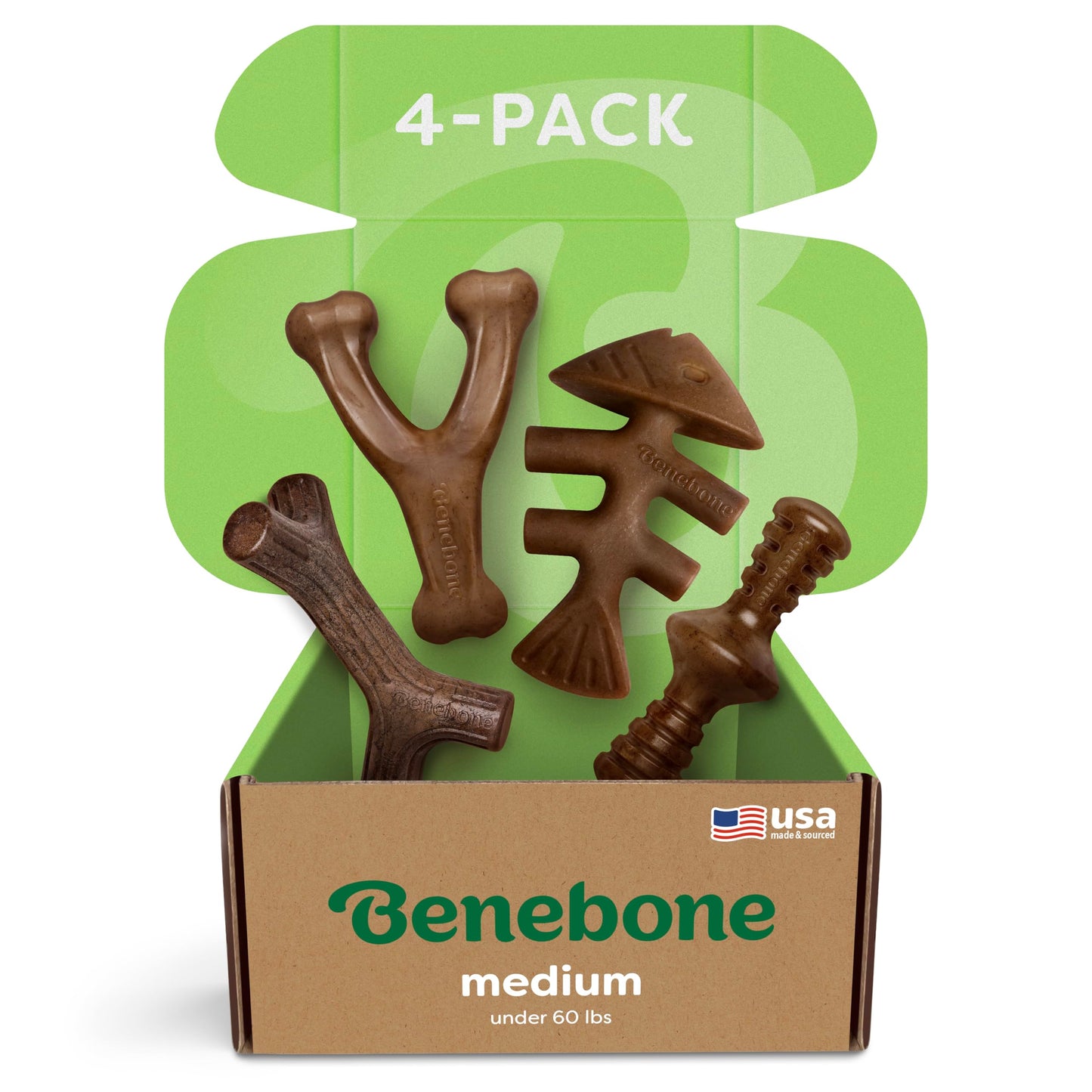 Benebone Small 4-Pack Dog Chew Toys for Aggressive Chewers, Made in USA, 30lbs and Under