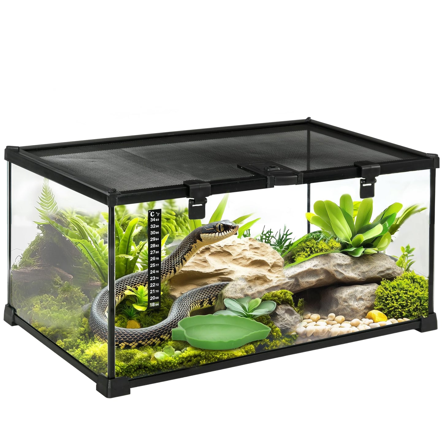 PawHut Glass Reptile Terrarium, 20"x12"x10"Jumping Spider Enclosure with Thermometer, Water Basin, Full View Visually for Lizards, Horned Frogs, Snakes, Spiders - Black - Furr-Reel