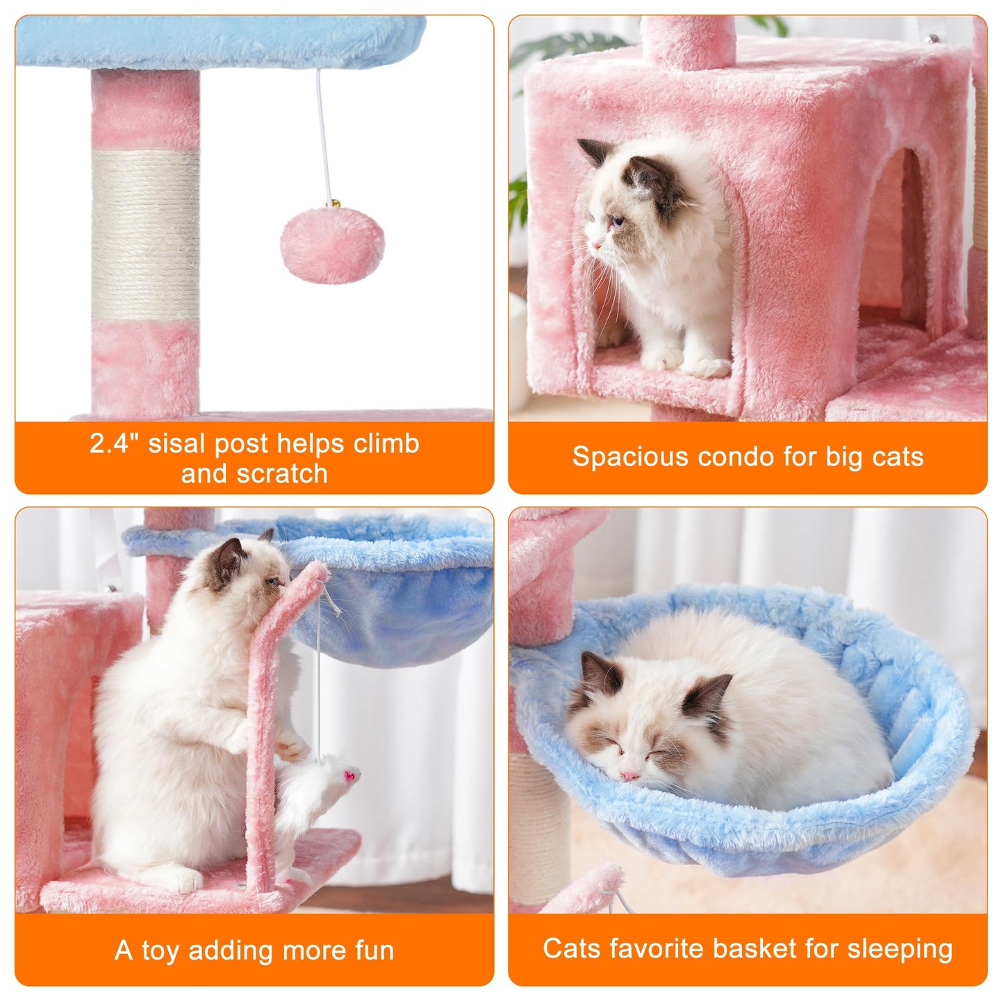 Heybly Cat Tree with Toy, Cat Tower condo for Indoor Cats, Cat House with Padded Plush Perch, Cozy Hammock and Sisal Scratching Posts, Light Gray HCT004SW