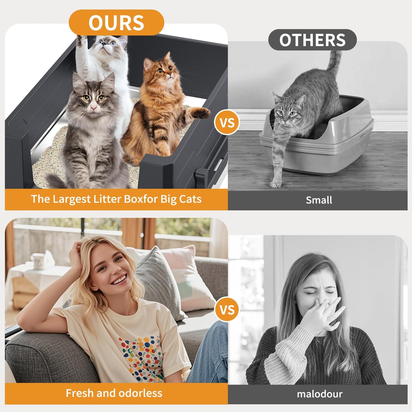 XXL Stainless Steel Litter Box,Extra Large Enclosed Litter Box,High Side Cat LitterBox for Large Cats and Multi-Cats,Non-Sticky,Anti-Leakage and Easy to Clean,Size:50x70x43cm