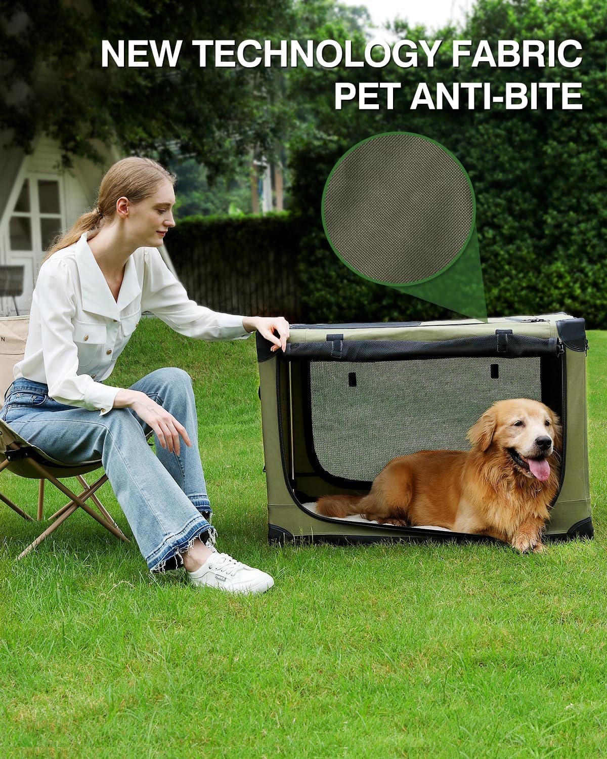 Veraste 30 Inch Collapsible Travel Dog Crate for Medium Large Dogs, Portable Dog Crate 4-Door Foldable Soft Kennel with Chew-Proof Mesh Windows for Indoor & Outdoor, with Storage Bag（Green）