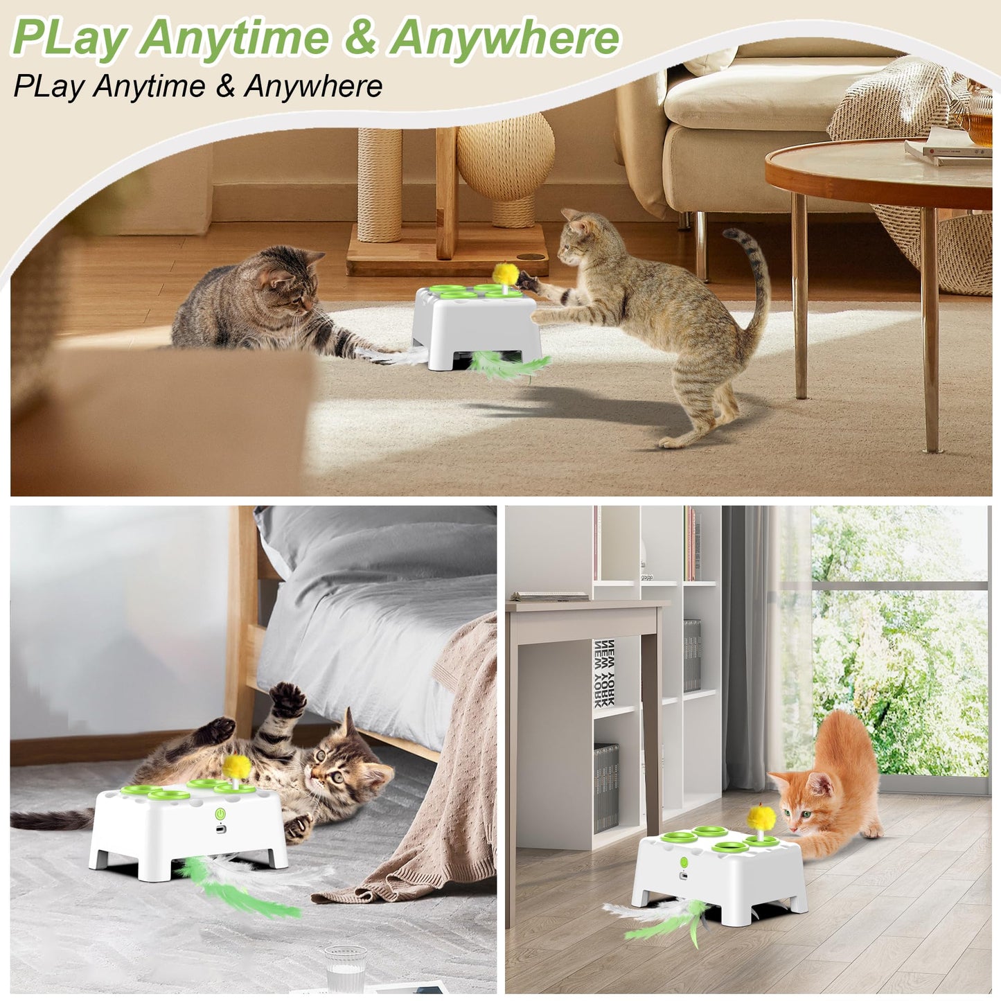 Bolpetizo Interactive Cat Toys, 2-in-1 Automatic Cat Toy, 4 Holes Mice Whack A Mole, Cat Mouse Toy with Chirping Bird Sound, Moving Feather, Portable USB Rechargeable Electronic Kitten Toy White Green