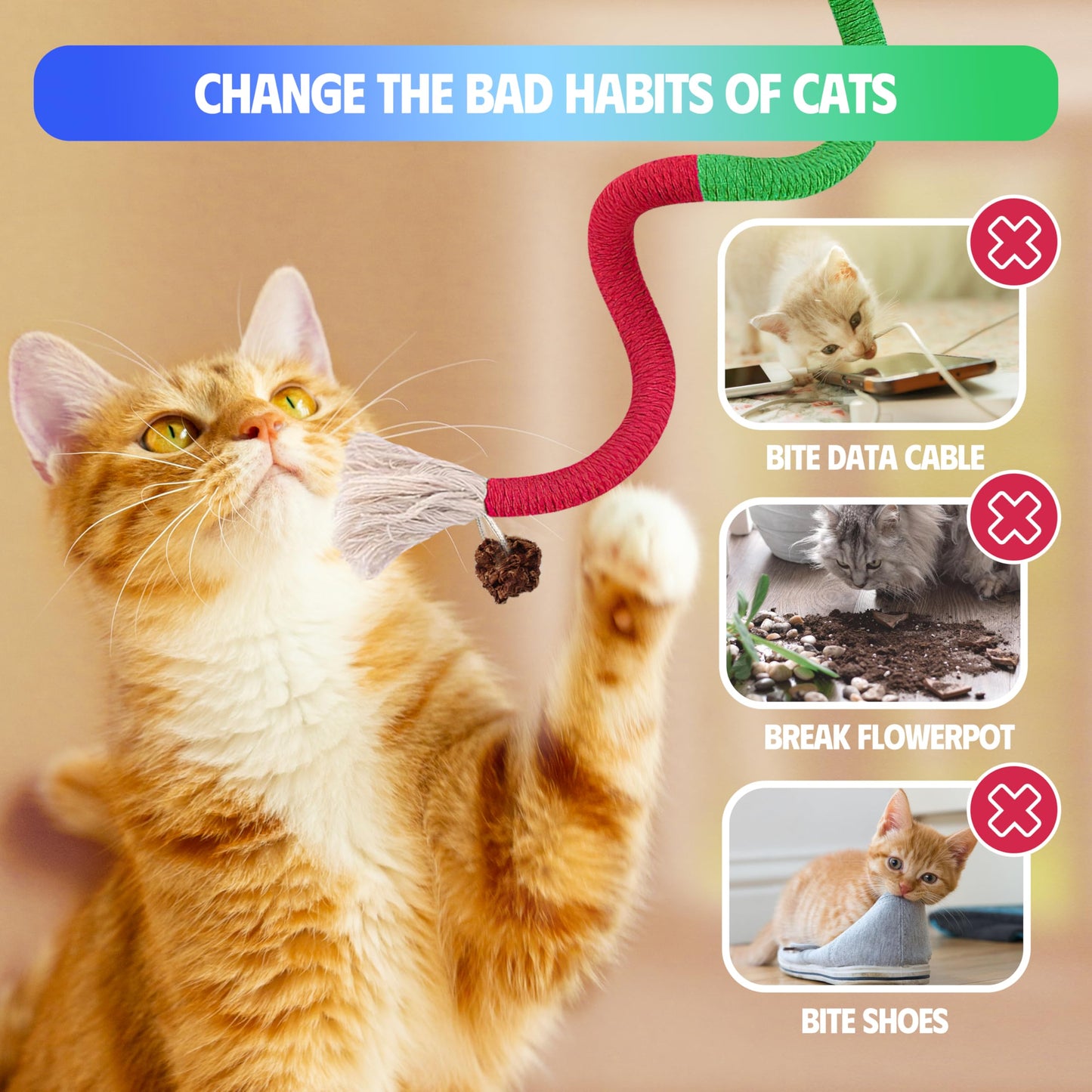 4 Pcs Cat & Kitten Chew Toy, Cat Toys Ropes and Silvervine Chew Sticks with Refillable Natural Catnip Bag for Teeth Cleaning, Safe Interactive Toys for Indoor Cats