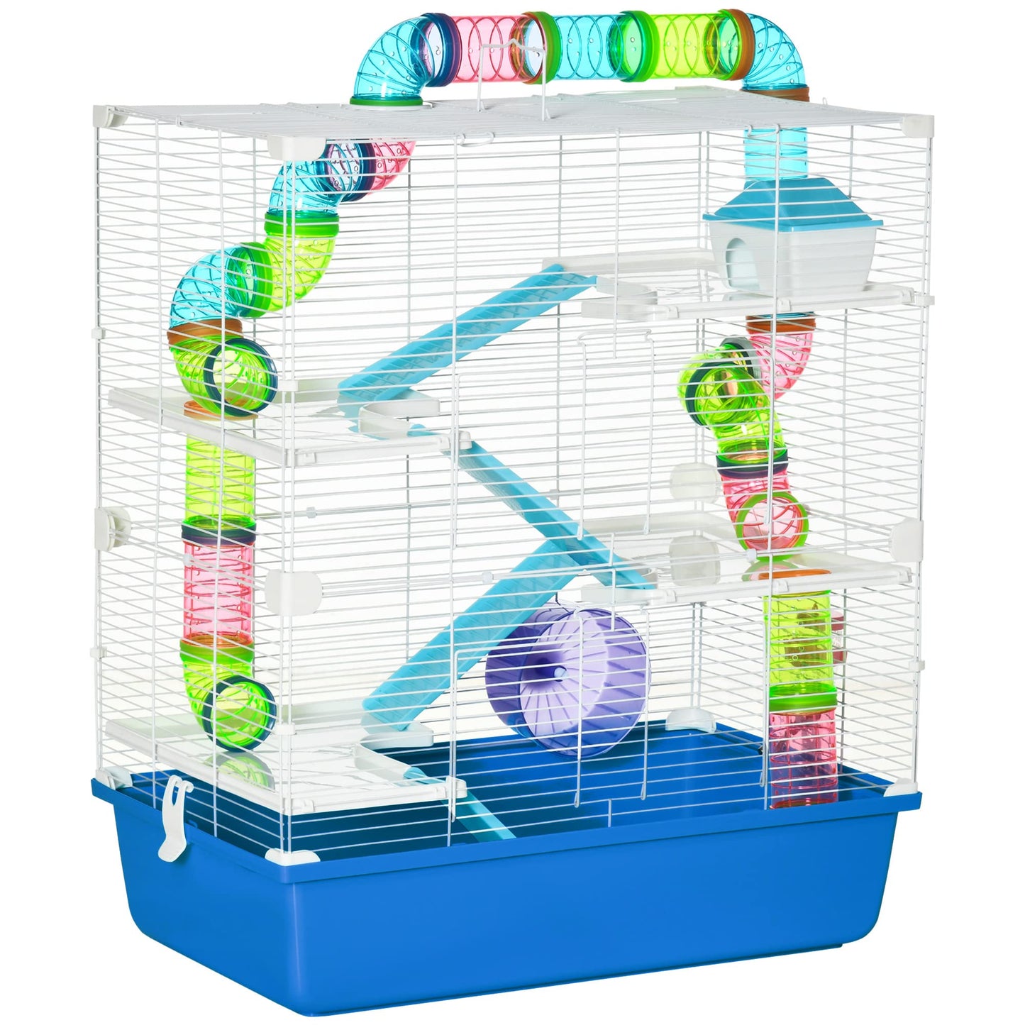 PawHut Hamster Cage, Small Animal House, 3-Level Guinea Pig Cage Gerbil Haven, Tunnel Tube System, with Water Bottle, Exercise Wheel, Food Dish, Ramps, Blue
