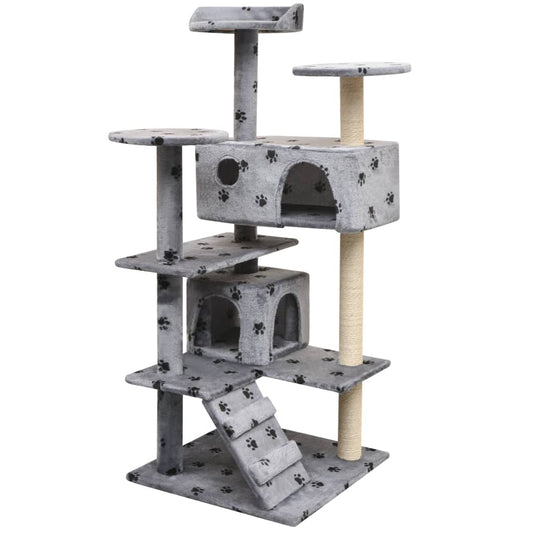 NNEVL Cat Tree with Sisal Scratching Posts 125 cm Paw Prints Grey - Furr-Reel