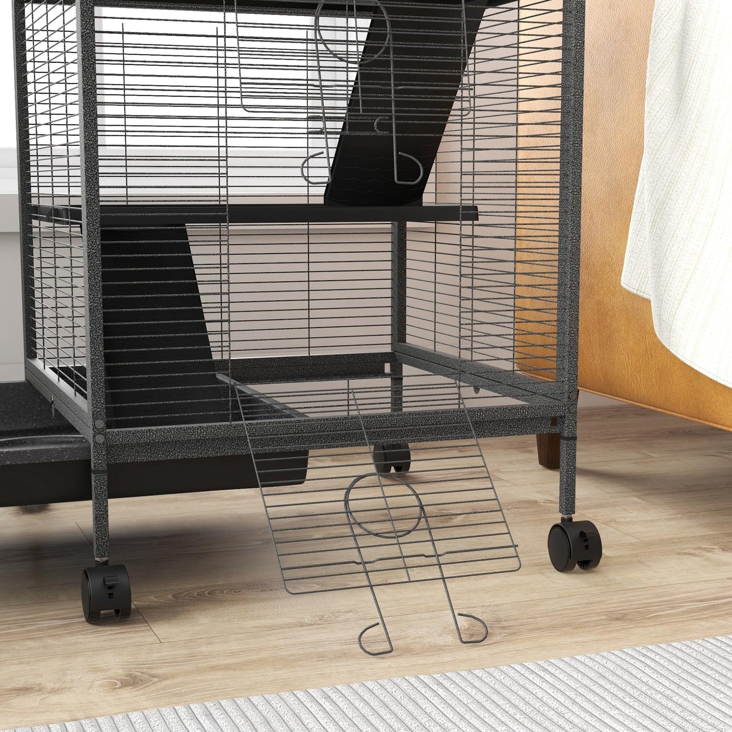 PawHut 4-Tier Rolling Small Animal Cage, Deluxe Guinea Pig Cage, Ferret Cage for Mink Chinchilla Kitten Rabbit, Small Pet Play House with Hammock Platform, Ramp, Removable Tray, Silver Grey